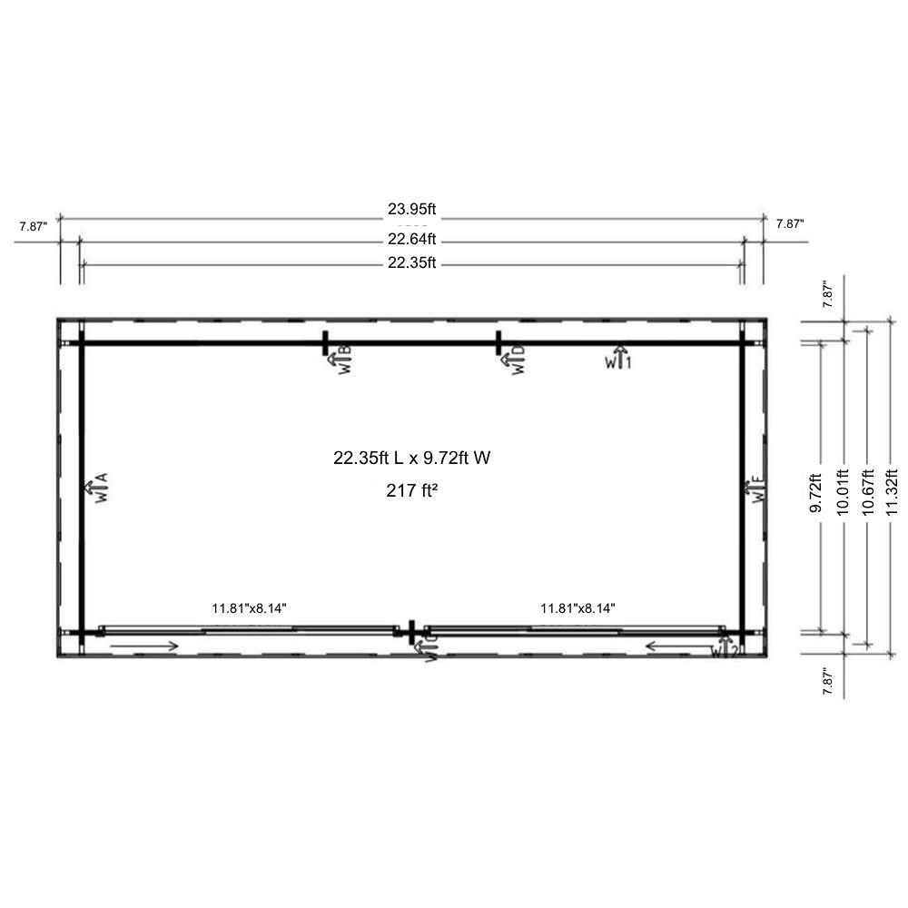 Floor plan of GardenHouse24 USA Lasse 44A ALU Garden Room shows internal dimensions and window placement for a 217 ft² space