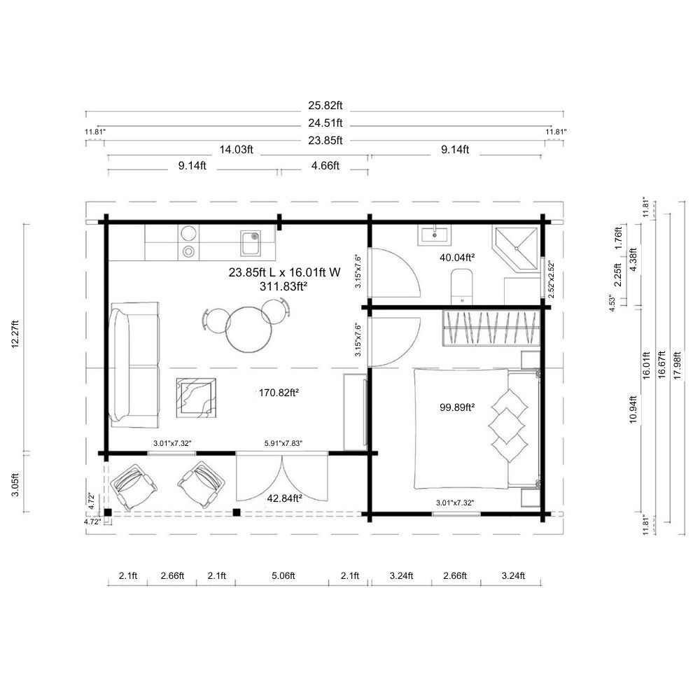 Floor plan of GardenHouse24 USA Lilja 90 Garden Room displays measured areas for the bedroom, bathroom, living, and porch zones