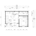 Floor plan of GardenHouse24 USA Lilja 90 Garden Room displays measured areas for the bedroom, bathroom, living, and porch zones