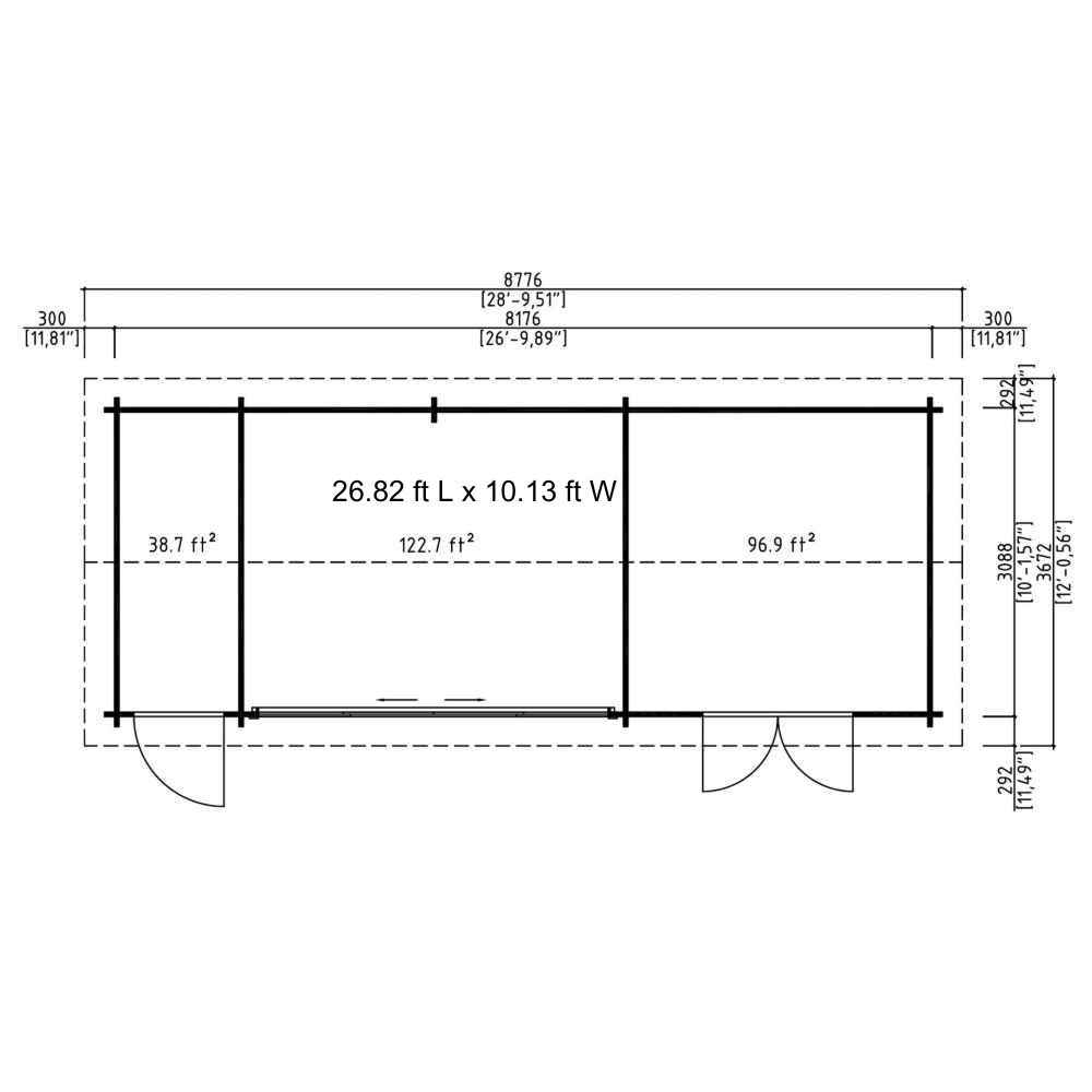 Floor plan of GardenHouse24 USA Mikelli 44 Garden Room in feet shows three distinct sections with labeled square footage