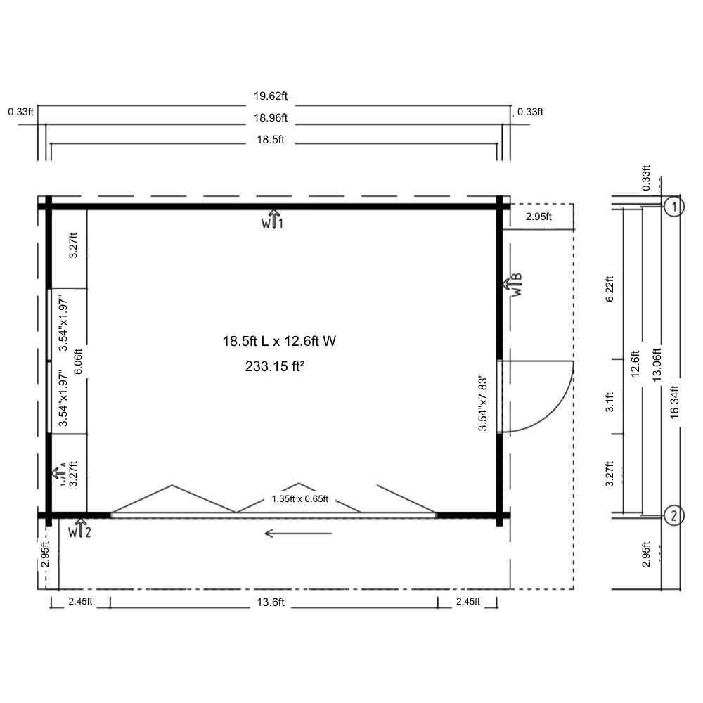 Floor plan of GardenHouse24 USA Paul 70 Garden Room outlines the spacious 233.15 square feet interior with measurements for walls, windows, and doors