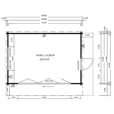 Floor plan of GardenHouse24 USA Paul 70 Garden Room outlines the spacious 233.15 square feet interior with measurements for walls, windows, and doors