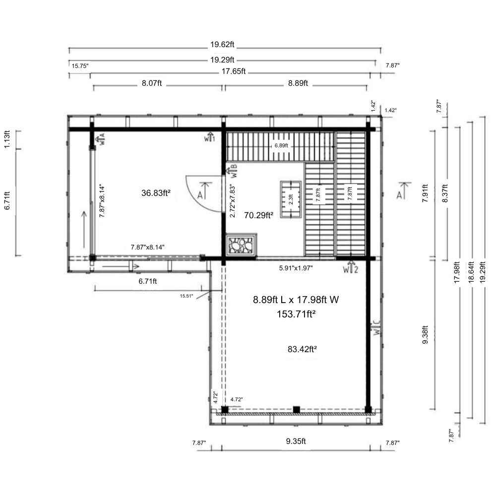Floor plan of GardenHouse24 USA Sauna Forte 70 Garden Room showing room divisions and precise measurements of each space