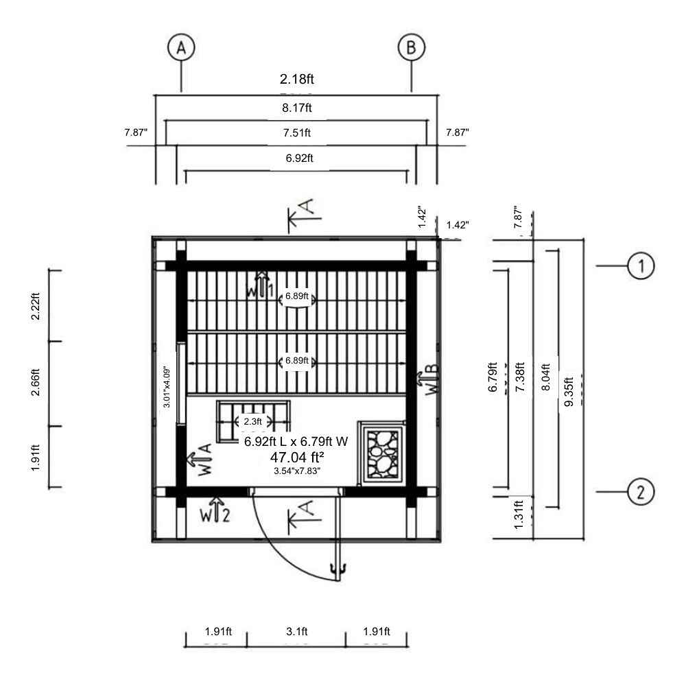 Floor plan of GardenHouse24 USA Sauna Li 90 Garden Room shows the internal layout with labeled dimensions