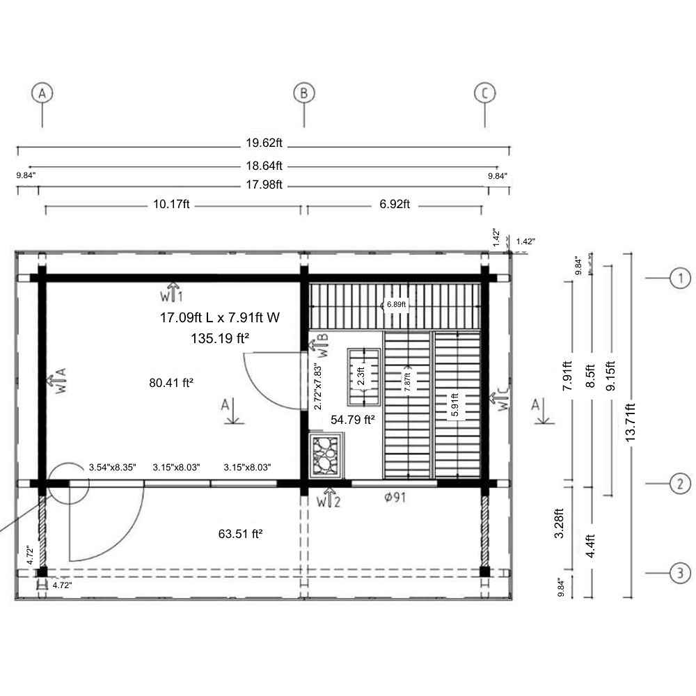 Floor plan of GardenHouse24 USA Sauna Sirpa 90 Garden Room displays internal room dimensions and wall placements