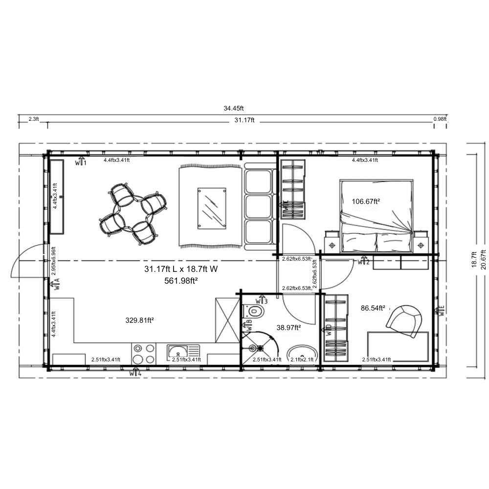 Floor plan of GardenHouse24 USA Sean 44 Garden Room displays labeled furniture and measurements for each room including a kitchen, living area, two bedrooms, and a bathroom