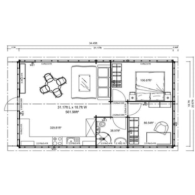Floor plan of GardenHouse24 USA Sean 44 Garden Room displays labeled furniture and measurements for each room including a kitchen, living area, two bedrooms, and a bathroom