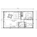 Floor plan of GardenHouse24 USA Sean 44 Garden Room displays labeled furniture and measurements for each room including a kitchen, living area, two bedrooms, and a bathroom