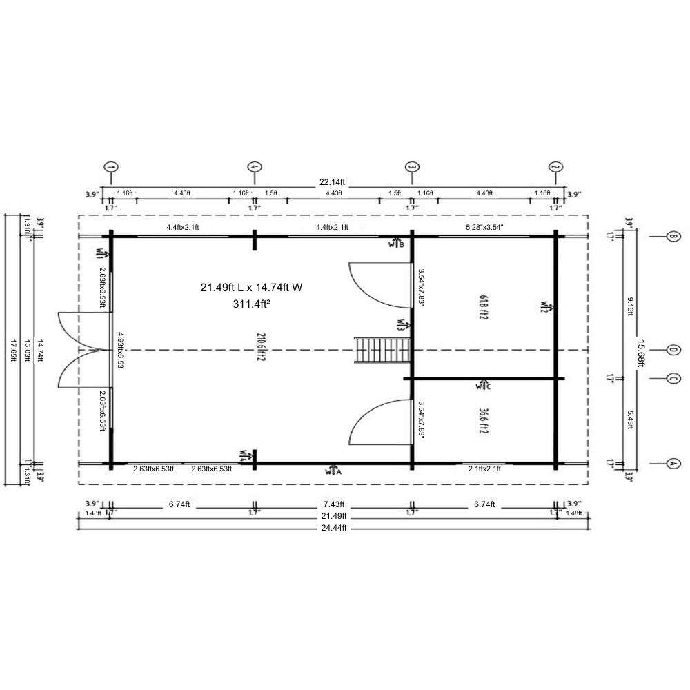 Floor plan of GardenHouse24 USA Sigrid 44 Garden Room with precise room dimensions and internal wall placements