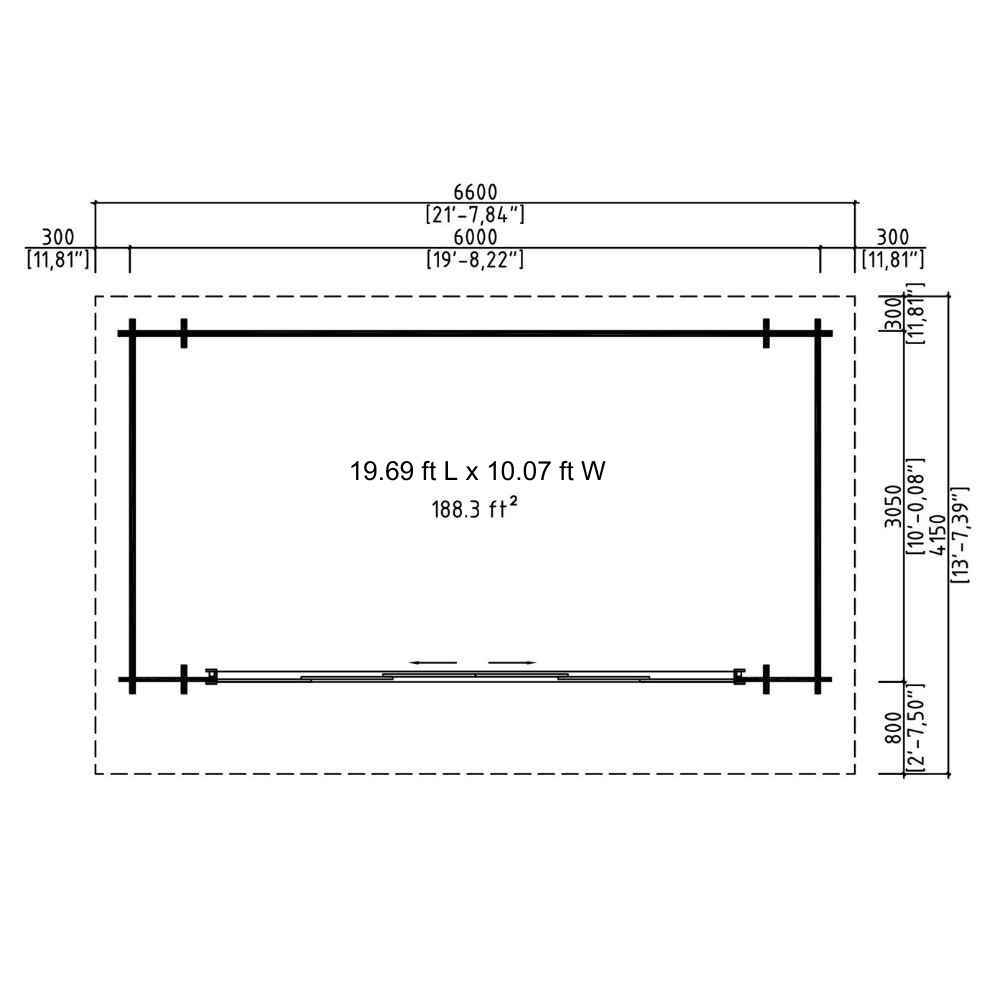 Floor plan of GardenHouse24 USA Starla 44E ALU ISO Garden Room shows a rectangular interior space with exact dimensions and 188.3 square feet of usable area
