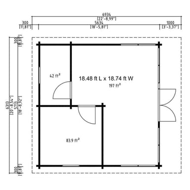Floor plan of GardenHouse24 USA Taunus 70 Garden Room with three interior spaces labeled with square footage and clear door placements