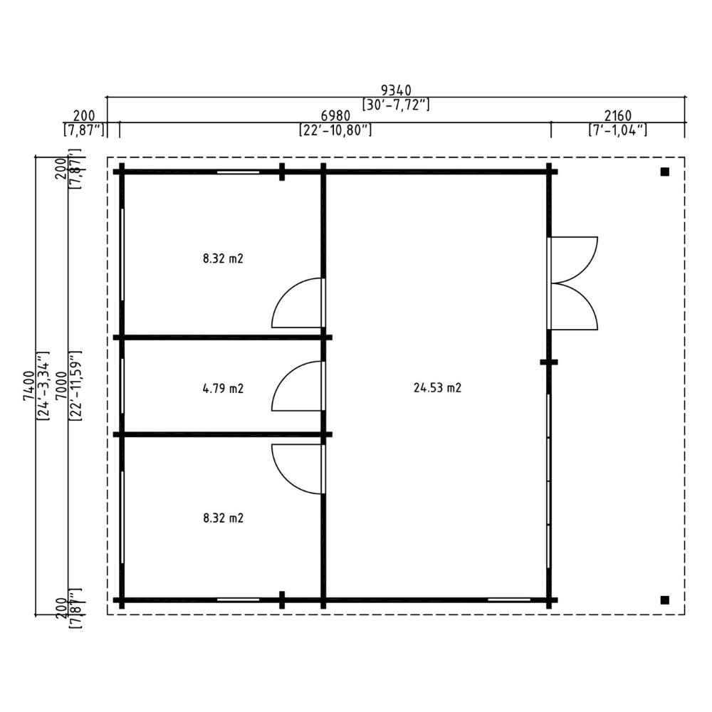 Floor plan of the GardenHouse24 USA Arhus 70 Garden Room shows clearly labeled rooms with precise measurements, featuring a spacious central area and three smaller divided rooms