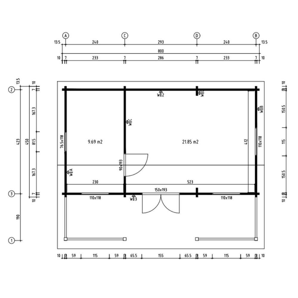 Floor plan of the GardenHouse24 USA Barrit 70 Garden Room displays room measurements and doorwindow placements