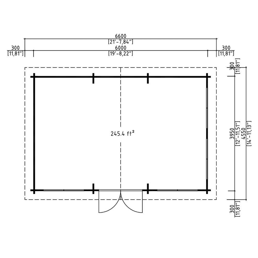 Floor plan of the GardenHouse24 USA Bern 70 Garden Room reveals a 245.4-square-foot open space layout with labeled dimensions in feet and inches