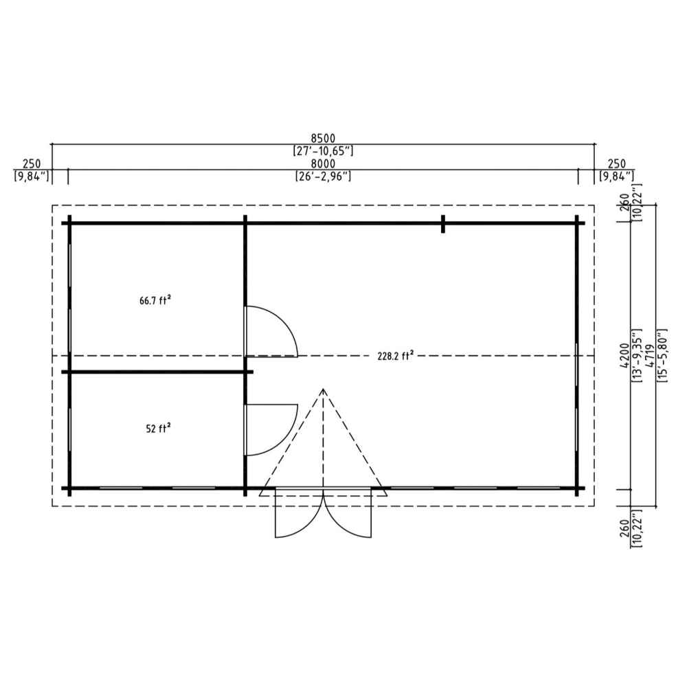 Floor plan of the GardenHouse24 USA Clockhouse Bristol 44mm Garden Room outlines three rooms including a spacious central area and two smaller side sections