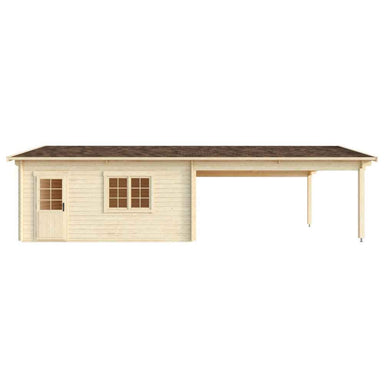 Floor plan of the GardenHouse24 USA Double Carport Erki 44 Garden Room illustrates the layout with measurements for the indoor and carport areas