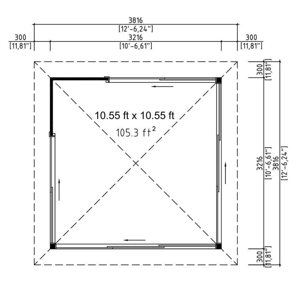 Floor plan of the GardenHouse24 USA Glaspavillon ALU 44E ISO Garden Room shows a square layout with 105.3 square feet of interior space