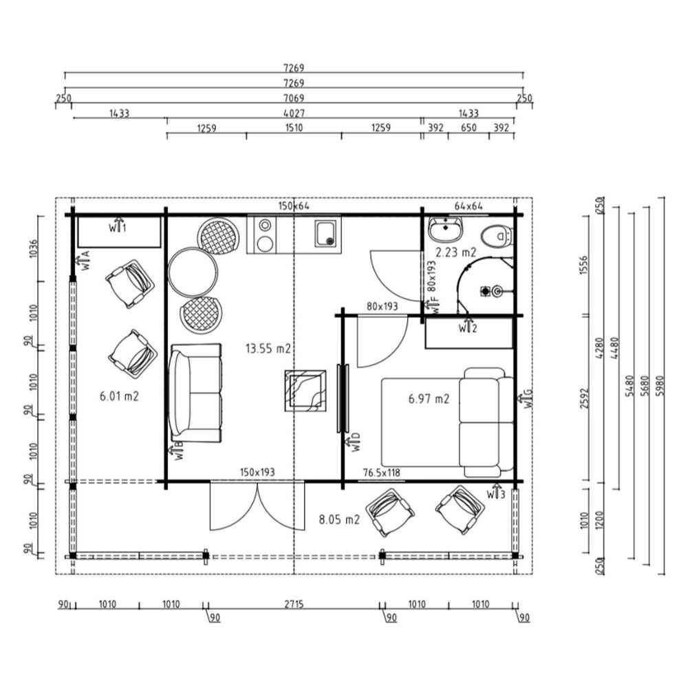Floor plan of the GardenHouse24 USA Glostrup 44 Garden Room outlines the dimensions and layout, including living, kitchen, bedroom, and bathroom spaces