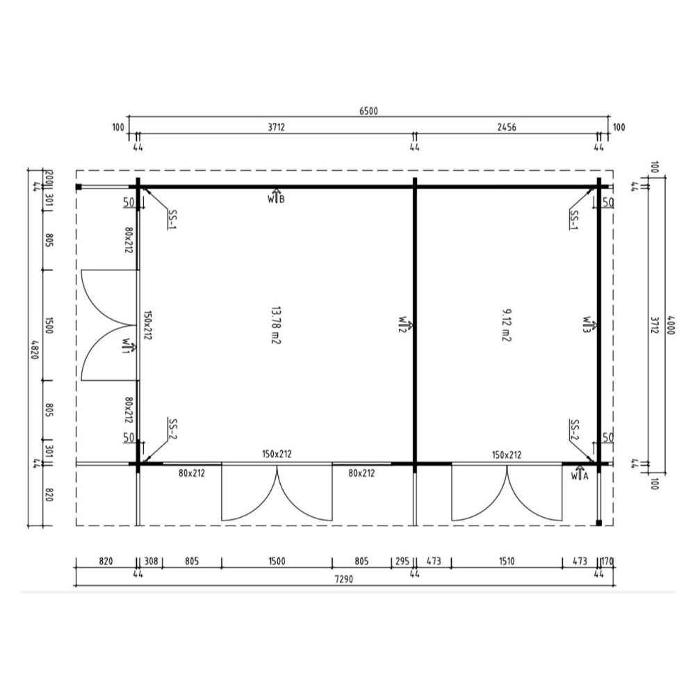 Floor plan of the GardenHouse24 USA Konrad 44 Garden Room illustrates two rooms with measurements for doors, walls, and interior spaces