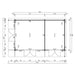Floor plan of the GardenHouse24 USA Konrad 44 Garden Room illustrates two rooms with measurements for doors, walls, and interior spaces