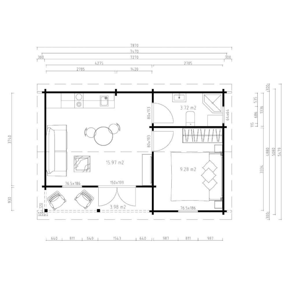 Floor plan of the GardenHouse24 USA Lilja 90 Garden Room displays measured areas for the bedroom, bathroom, living, and porch zones
