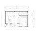 Floor plan of the GardenHouse24 USA Lilja 90 Garden Room displays measured areas for the bedroom, bathroom, living, and porch zones