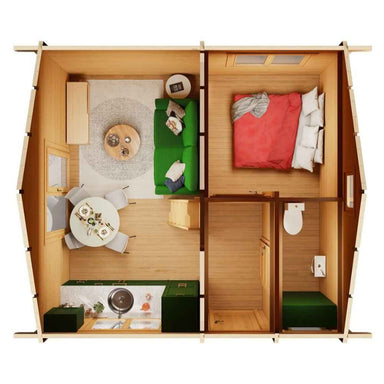 Floor plan of the GardenHouse24 USA Melanie 70 Garden Room reveals a compact layout with a kitchen, dining area, green sofa in the living room, bedroom, and bathroom