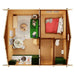 Floor plan of the GardenHouse24 USA Melanie 70 Garden Room reveals a compact layout with a kitchen, dining area, green sofa in the living room, bedroom, and bathroom