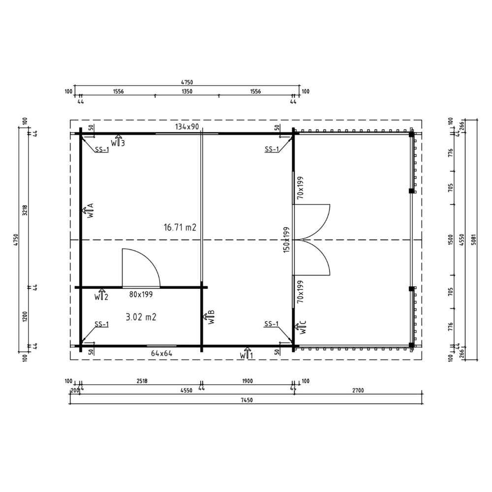Floor plan of the GardenHouse24 USA Nepean 44A Garden Room, outlining a main living space, a small interior room, and a spacious front porch