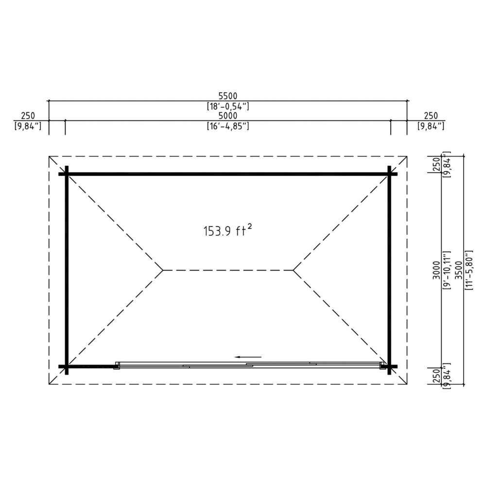Floor plan of the GardenHouse24 USA Pavilion ALU 44D Garden Room shows its 153.9 sq ft interior and layout with exact dimensions
