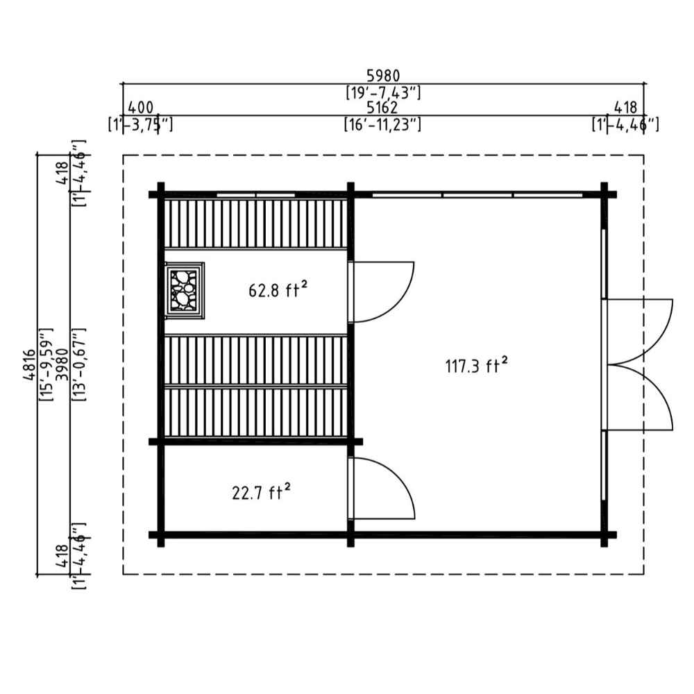 Floor plan of the GardenHouse24 USA Sauna Tanonka 70 Garden Room outlines three separate sections, labeled by square footage for easy visualization