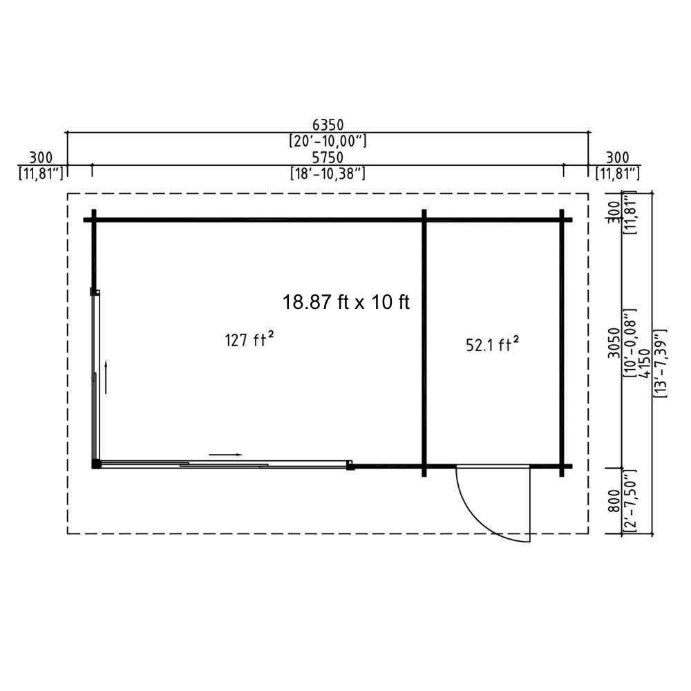 Floor plan of the GardenHouse24 USA Starla 44B ALU Garden Room, showing room sizes in square feet and feetinches