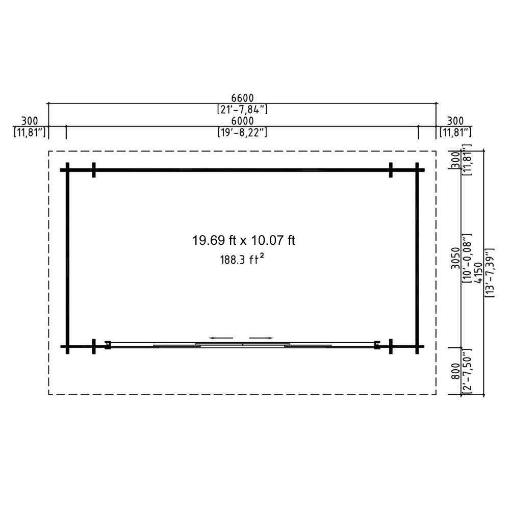 Floor plan of the GardenHouse24 USA Starla 44E ALU ISO Garden Room shows a rectangular interior space with exact dimensions and 188.3 square feet of usable area