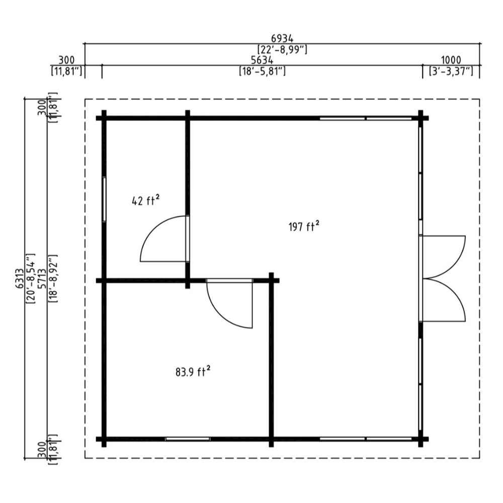 Floor plan of the GardenHouse24 USA Taunus 70 Garden Room displays three interior spaces labeled with square footage and clear door placements
