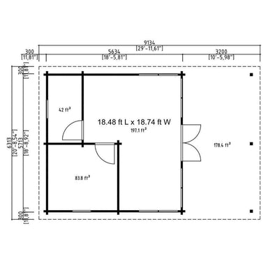 Floor plan outlines the GardenHouse24 USA Taunus 70 VD Garden Room with labeled dimensions and areas for each room and the patio