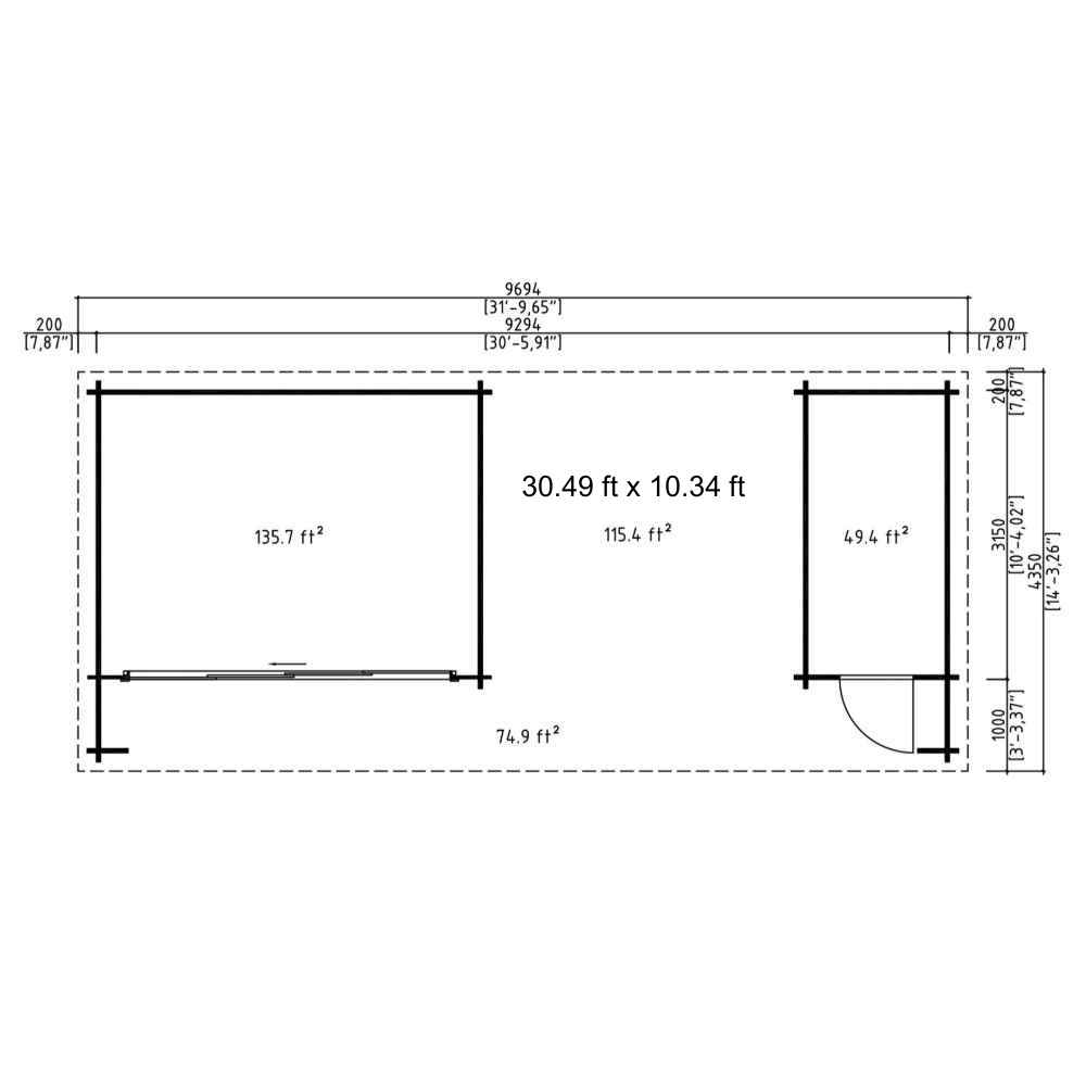 Floor plan outlines the three main interior sections of the GardenHouse24 USA Rait 44 Garden Room with measurements