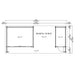 Floor plan outlines the three main interior sections of the GardenHouse24 USA Rait 44 Garden Room with measurements