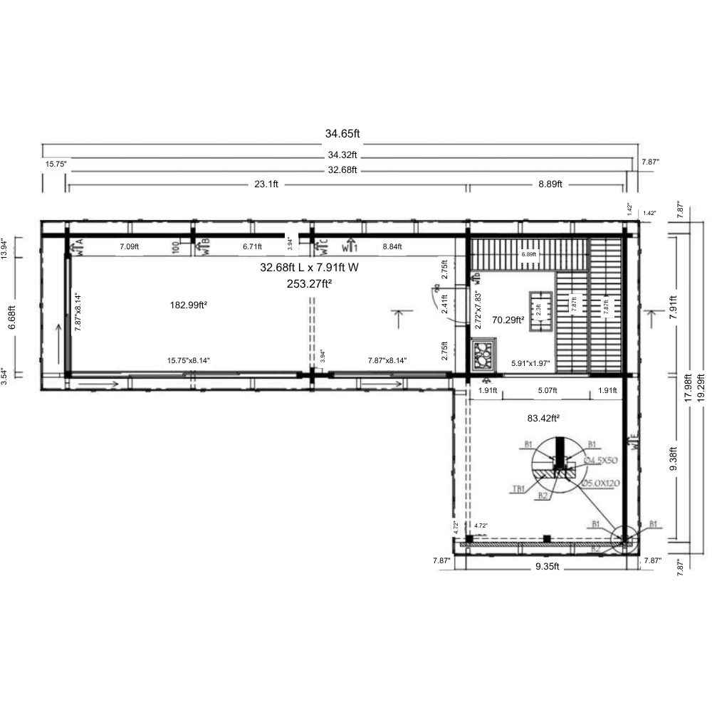 Floor plan reveals room dimensions and interior layout for GardenHouse24 USA Sauna Quieto 70 Garden Room