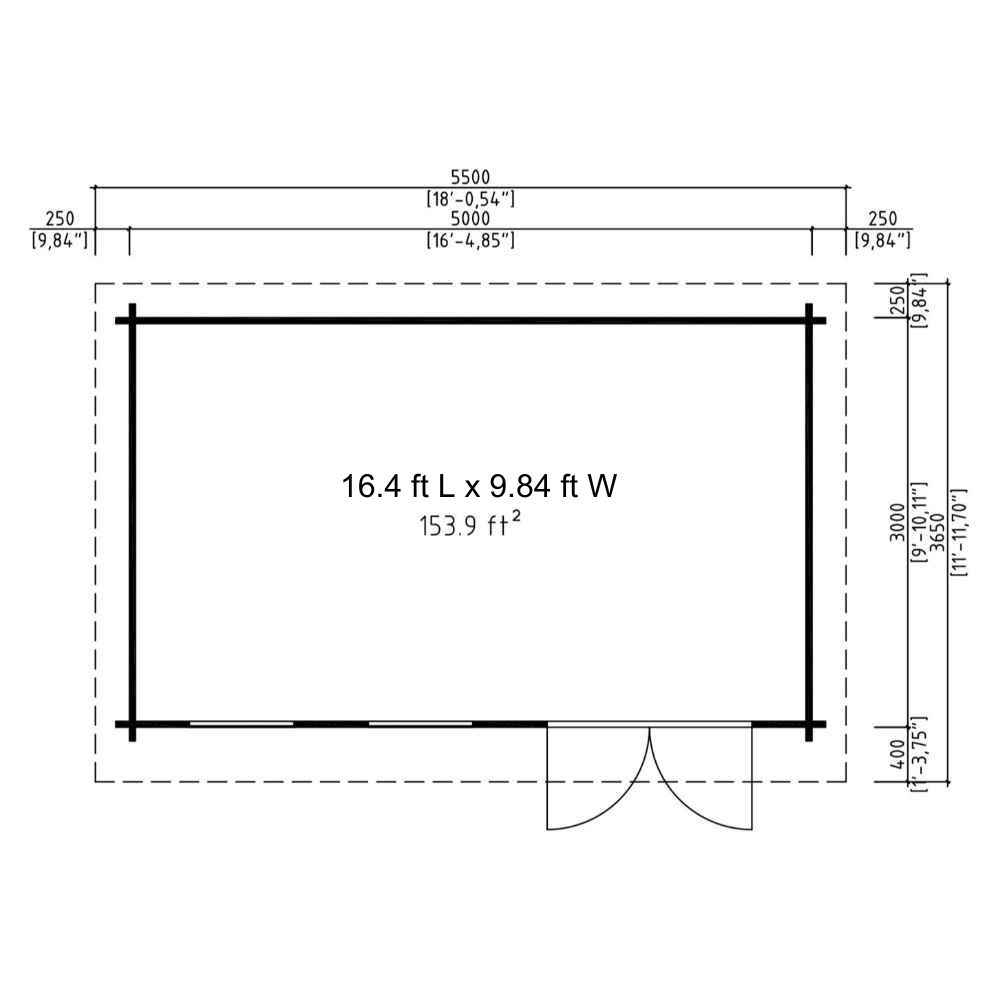 Floor plan showing the layout and area (153.9 sq ft) of GardenHouse24 USA Miriam 44C Modern Garden Room with door placement and dimensions