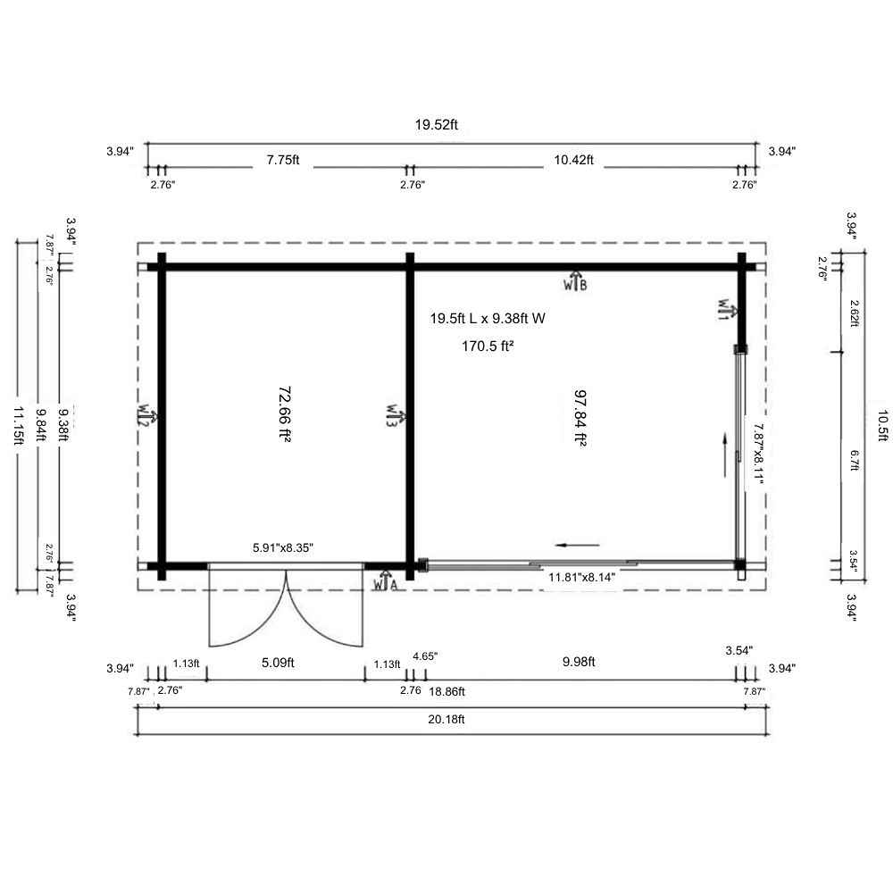 Floor plan showing the layout, room dimensions, and doorwindow placement for GardenHouse24 USA ALU Concept 70J Garden Room