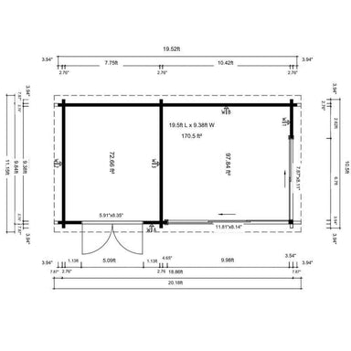 Floor plan showing the layout, room dimensions, and doorwindow placement for GardenHouse24 USA ALU Concept 70J Garden Room