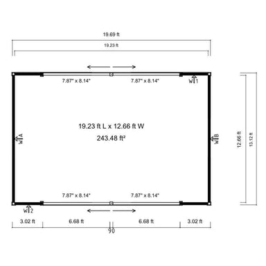 Floor plan view reveals the internal layout and square footage of GardenHouse24 USA Ramsay 70 A ALU Garden Room marked with measurements and labeled wall sections