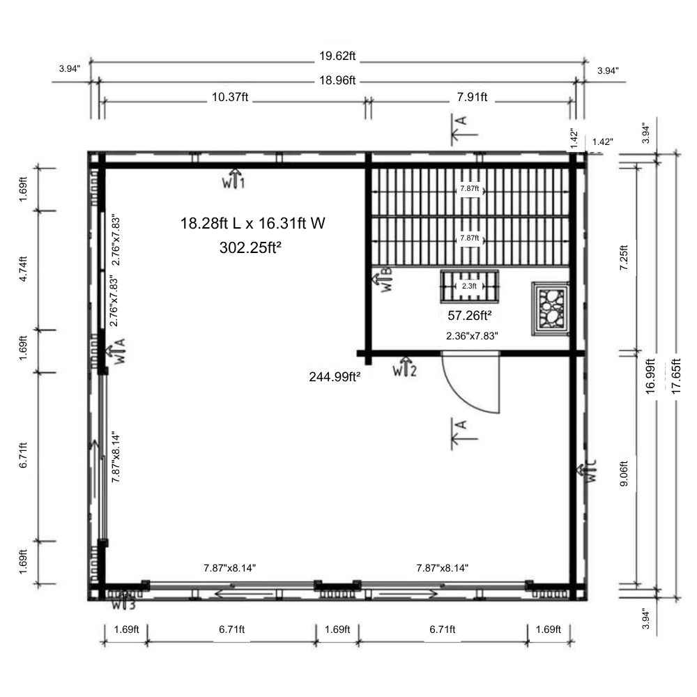 Floor plan with interior layout of GardenHouse24 USA Sauna Dolce 70 Garden Room, including room dimensions and a designated sauna area