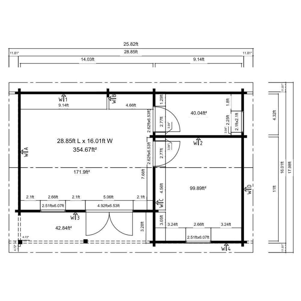 Floor plan with labeled measurements outlines three distinct interior sections of GardenHouse24 USA Lilja 70 Garden Room, including a living space, bedroom, and bathroom