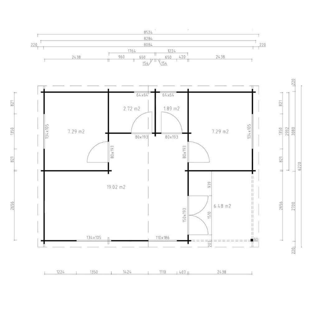 Floor plan with metric dimensions outlines the rooms and space divisions of the GardenHouse24 USA Skanderborg 44 Garden Room