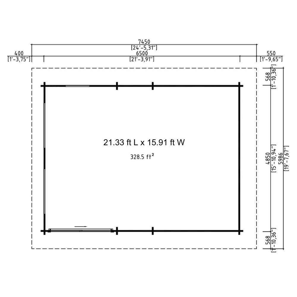Floor plan with square footage and outer boundary of GardenHouse24 USA Caddie 44A ALU ISO Garden Room with a total area of 328.5 ft²