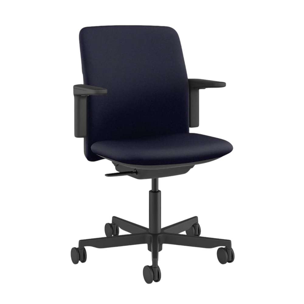 Font angled view of Crate & Barrel Humanscale® Path Blue Eco Knit Office Chair shows its blue upholstered seat and backrest, black armrests, and five-wheel rolling base