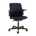Font angled view of Crate & Barrel Humanscale® Path Blue Eco Knit Office Chair shows its blue upholstered seat and backrest, black armrests, and five-wheel rolling base