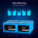 Four Sun Gold Power 12V 100Ah LiFePO4 Deep Cycle Lithium Battery units connected to demonstrate automatic balancing