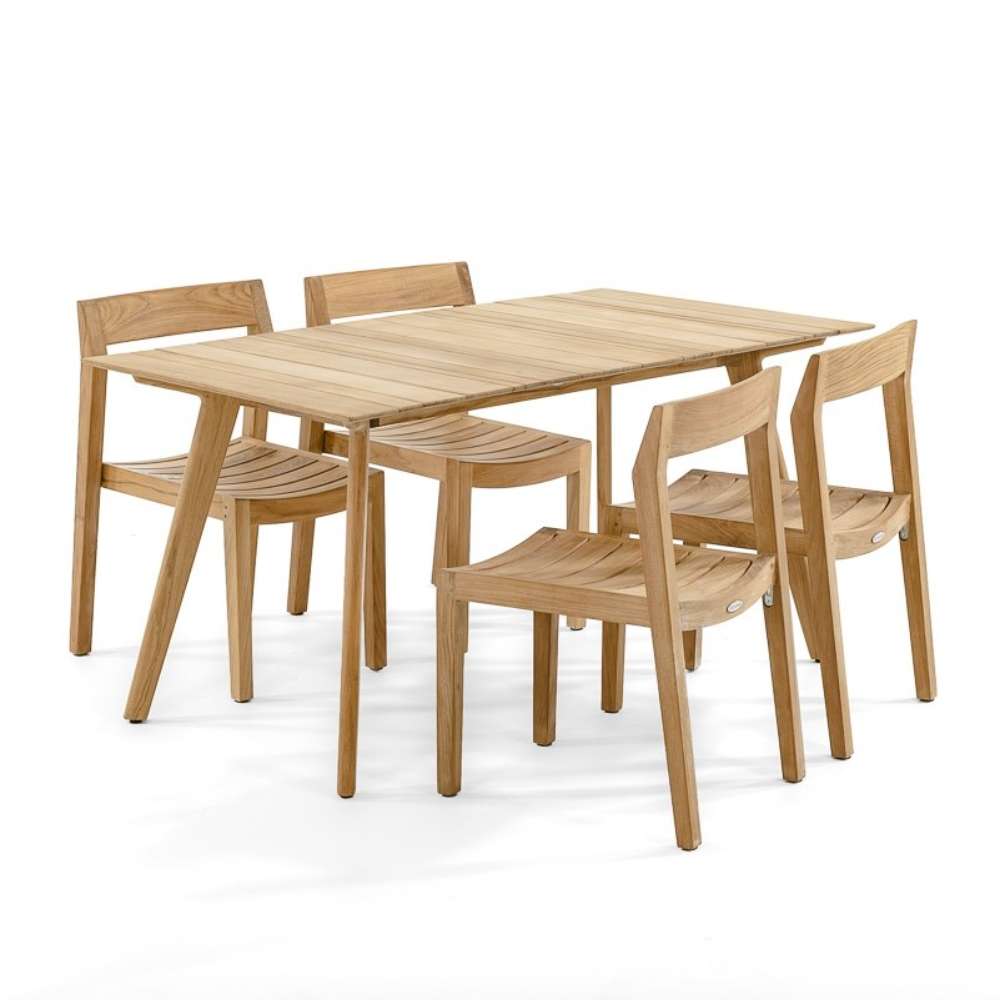 Four Westminster Teak Horizon Teak Side Chair pieces are paired with a rectangular wooden table on a clean white background highlighting a simple outdoor dining setup